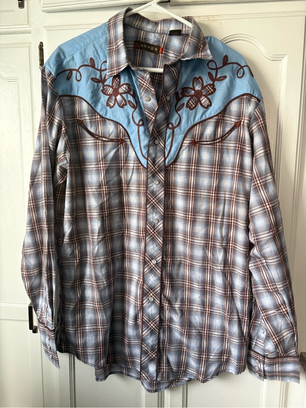 Roper Light Blue and Brown Plaid Western Shirt